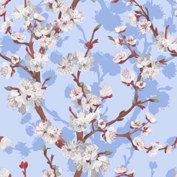 Botanical seamless pattern with sakura cherry branch drawn in gouache