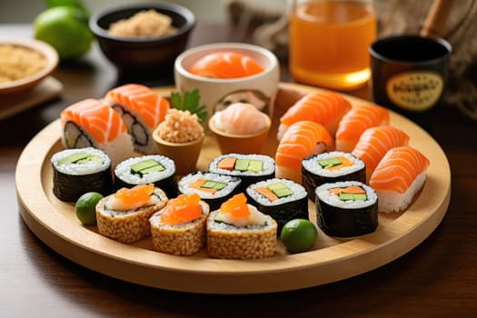 platter of sushi rolls, family dinner sushi set . ai generated