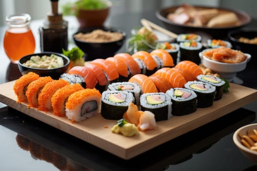 platter of sushi rolls, family dinner sushi set . ai generated