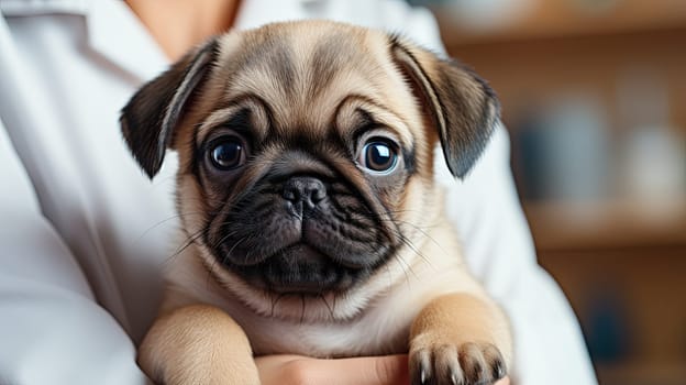 A small pug puppy in the arms of a doctor with a blue robe. The doctor's hands hold a small dog in close-up. The concept of pet treatment and care, generative AI