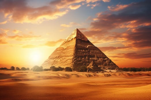 Egyptian pyramids in sand desert and clear sky. ai generated