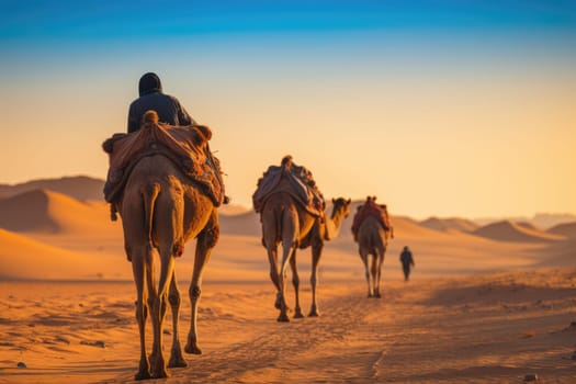 A caravan of camels rests in the desert against the backdrop of the red sea and high mountains. Egypt. ai generated