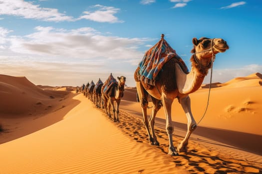 A caravan of camels rests in the desert against the backdrop of the red sea and high mountains. Egypt. ai generated