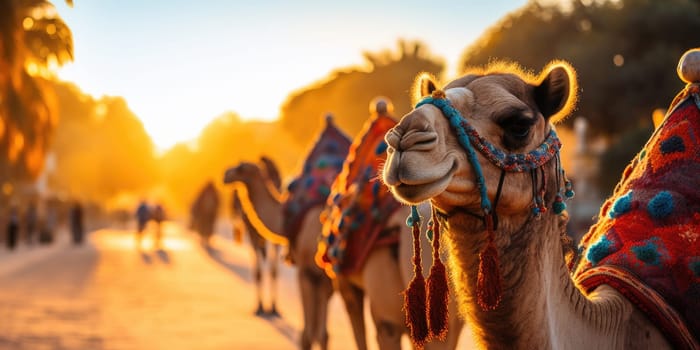 A caravan of camels rests in the desert against the backdrop of the red sea and high mountains. Egypt. ai generated