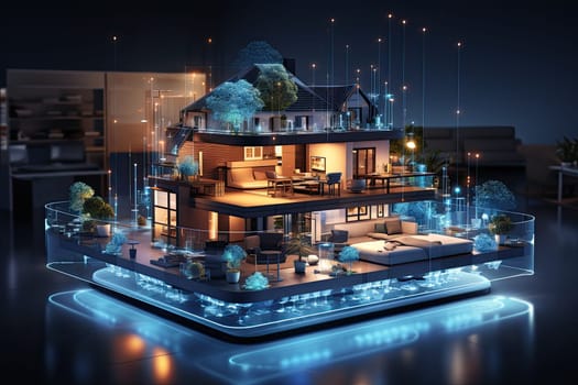 Smart home setup. A modern living space equipped with smart home devices like smart lights, tv and voice - controlled assistants. Smart home interior with augmented reality. AI generative.