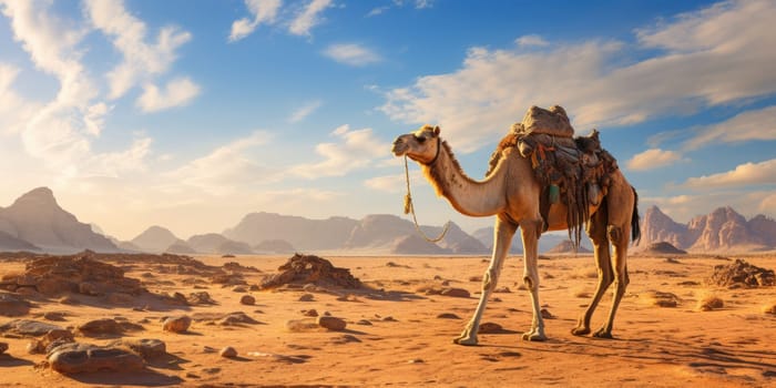 A caravan of camels rests in the desert against the backdrop of the red sea and high mountains. Egypt. ai generated