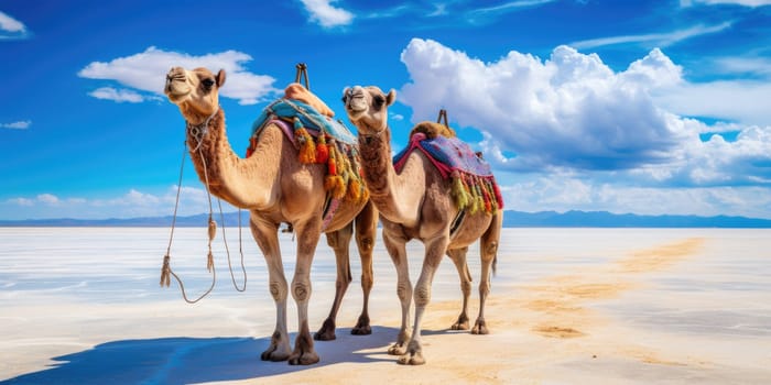 A caravan of camels rests in the desert against the backdrop of the red sea and high mountains. Egypt. ai generated