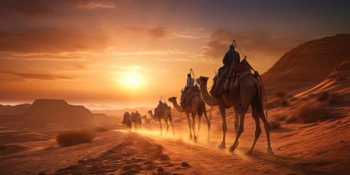 A caravan of camels rests in the desert against the backdrop of the red sea and high mountains. Egypt. ai generated
