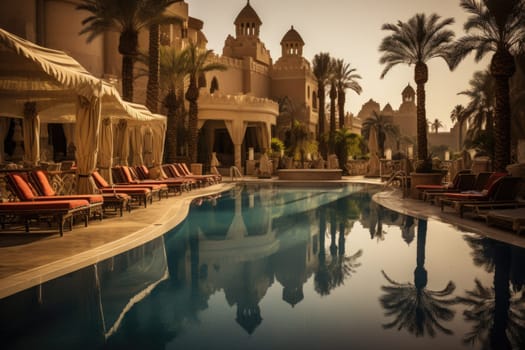 Tropical hotel with palms and pool, Egypt. ai generated