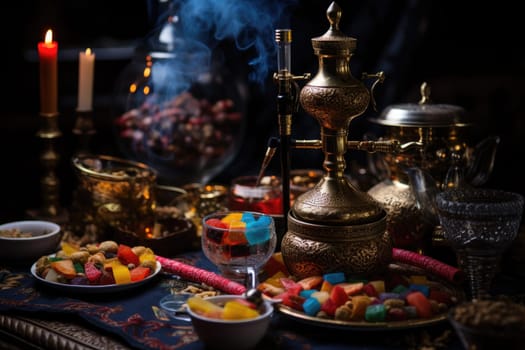 shisha water pipes or hookah and candies in egypt. ai generated