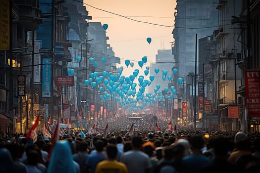 Activists protesting on the street. Group of protesters with their fists raised up in the air. People publicly demonstrating opposition. Generative AI