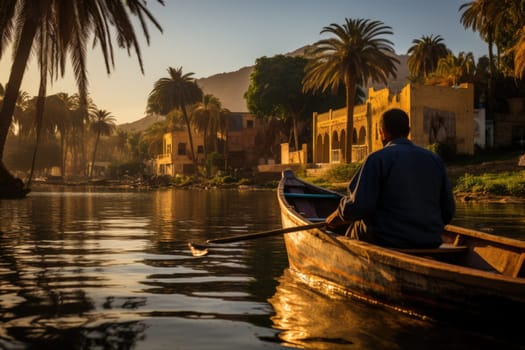 beautiful city in Egypt in sunset, people on boat. ai generated