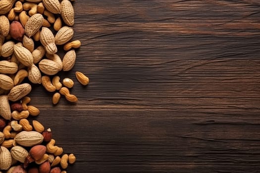 A variety of whole and shelled nuts arranged on a dark wooden surface