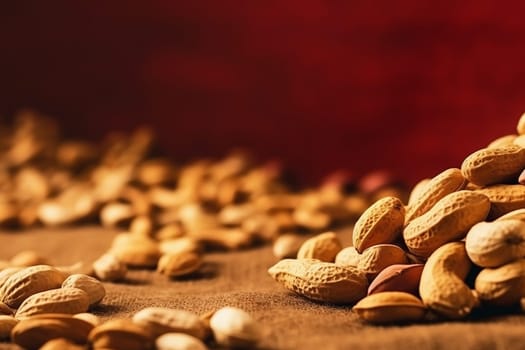 Close-up of peanuts on a textured surface with a warm backdrop.