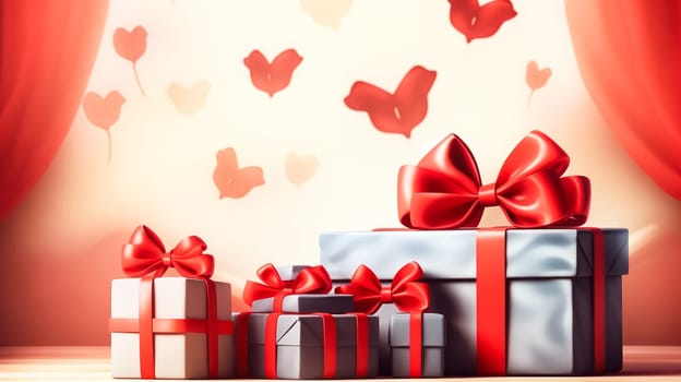 Embrace the Valentines Day spirit with beautifully packaged gift boxes against a background of hearts. Ample space for text to convey your heartfelt message.