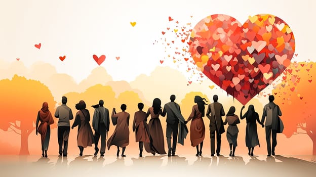 Celebrate love with a Valentines Day illustration featuring silhouettes of people and heart symbols, capturing the essence of romance and affection.