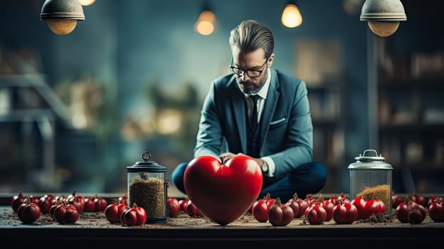 Celebrate love in style with a businessman in a suit against a background of hearts. The image creates a perfect Valentines Day concept with space for text.