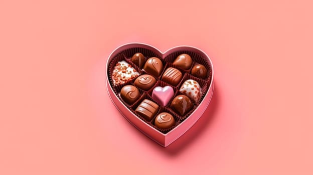 Delight your senses with heart shaped candies in a charming box on a pink background, creating a perfect visual for the Valentines Day concept.