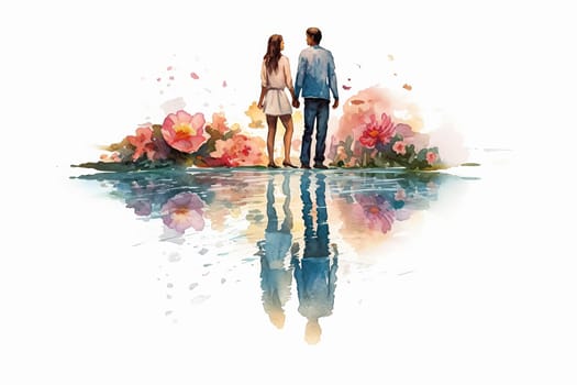 Experience the magic of love as a watercolor illustration depicts a couple strolling outdoors after the rain. A romantic date captured in a picturesque setting.