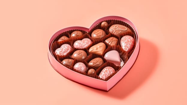 Delight your senses with heart shaped candies in a charming box on a pink background, creating a perfect visual for the Valentines Day concept.