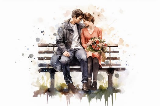 Experience the tranquility of love with a watercolor illustration capturing a couple in a tender moment, sitting on a bench. A picturesque and romantic date.
