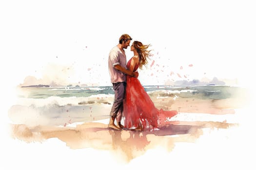 Escape to a dreamy beach setting with a watercolor illustration portraying a couple in love against the backdrop of the ocean. A romantic and serene date.