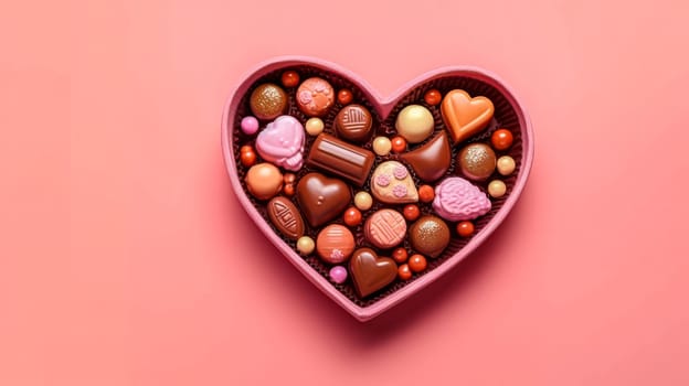 Delight your senses with heart shaped candies in a charming box on a pink background, creating a perfect visual for the Valentines Day concept.