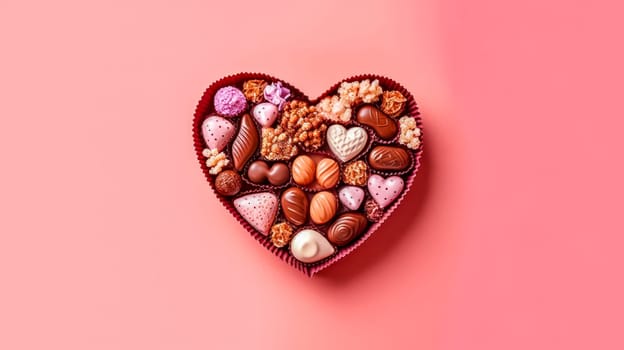 Delight your senses with heart shaped candies in a charming box on a pink background, creating a perfect visual for the Valentines Day concept.