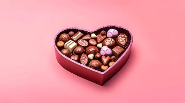 Delight your senses with heart shaped candies in a charming box on a pink background, creating a perfect visual for the Valentines Day concept.