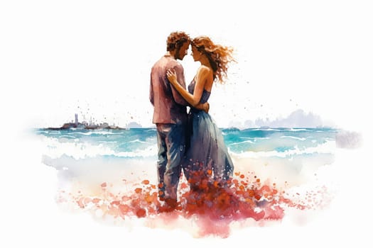 Escape to a dreamy beach setting with a watercolor illustration portraying a couple in love against the backdrop of the ocean. A romantic and serene date.