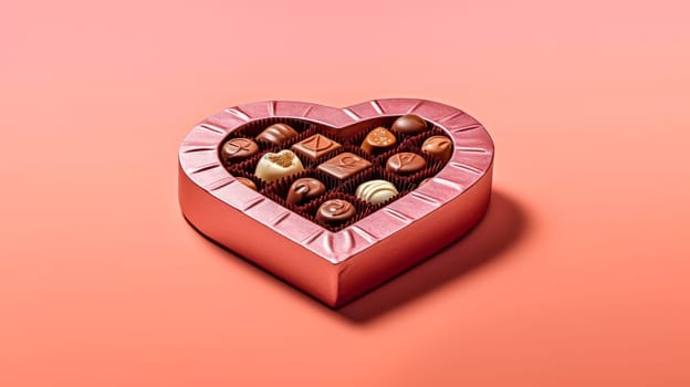 Delight your senses with heart shaped candies in a charming box on a pink background, creating a perfect visual for the Valentines Day concept.