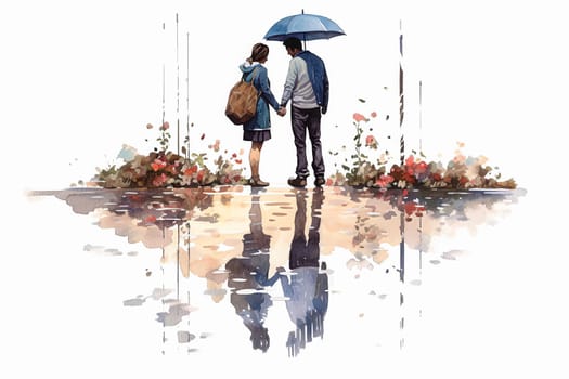 Experience the magic of love as a watercolor illustration depicts a couple strolling outdoors after the rain. A romantic date captured in a picturesque setting.