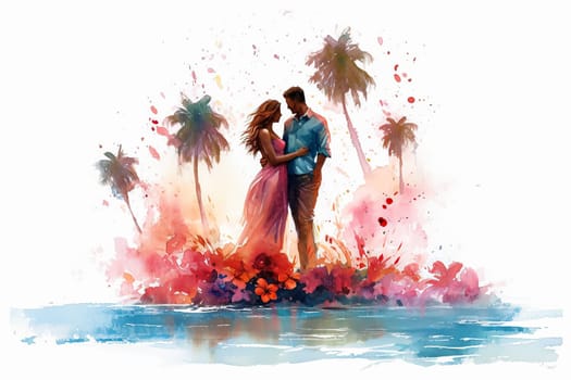 Escape to a dreamy beach setting with a watercolor illustration portraying a couple in love against the backdrop of the ocean. A romantic and serene date.