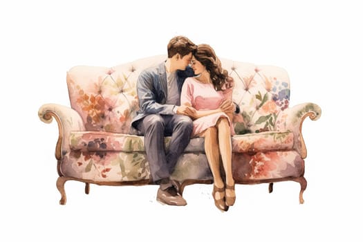 Embrace the warmth of love with a watercolor illustration of a couple in a tender hug on the sofa. The art captures the intimate essence of a romantic date.