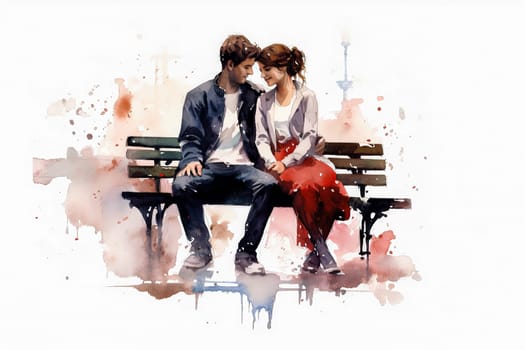 Experience the tranquility of love with a watercolor illustration capturing a couple in a tender moment, sitting on a bench. A picturesque and romantic date.