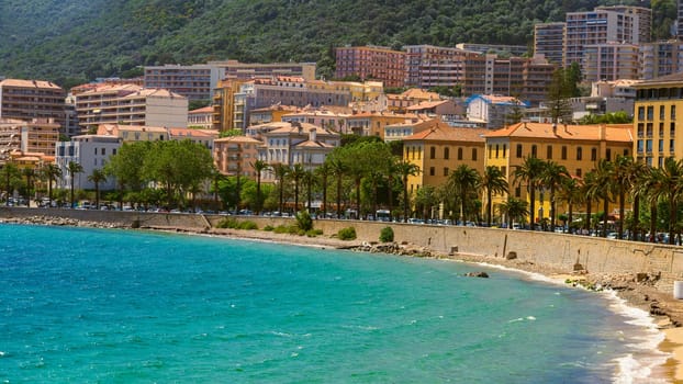 Ajaccio public beach, summer landscape of Corsica Island, France