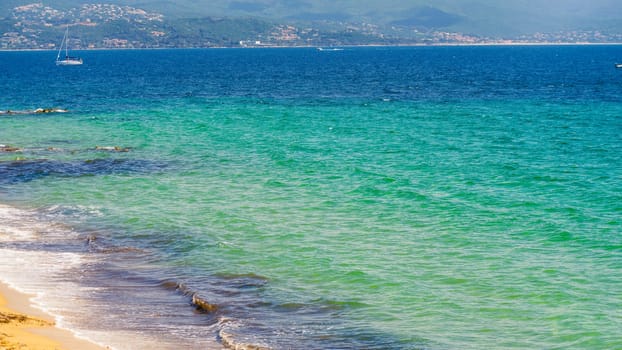 Ajaccio public beach, summer landscape of Corsica Island, France