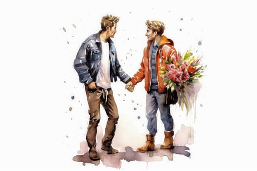 Celebrate loves diversity with a watercolor illustration of a guy joyfully giving a bouquet of flowers to his boyfriend. A heartwarming and inclusive romantic date.