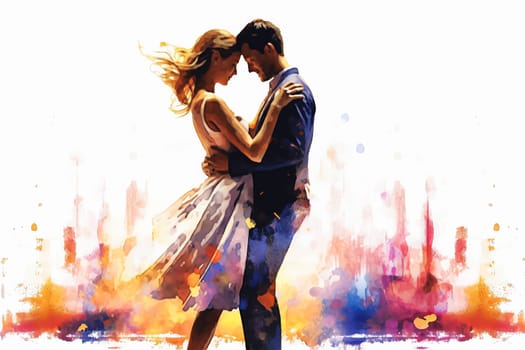 Dance into the colors of romance with a watercolor illustration depicting a couple in love dancing against a vibrant backdrop. A lively and romantic date.