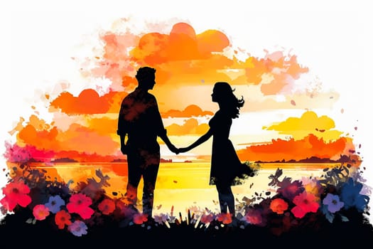 Celebrate loves silhouette with a vibrant watercolor illustration, capturing a couple in a romantic date against a bright background. A vivid expression of togetherness.