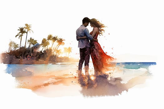 Escape to a dreamy beach setting with a watercolor illustration portraying a couple in love against the backdrop of the ocean. A romantic and serene date.