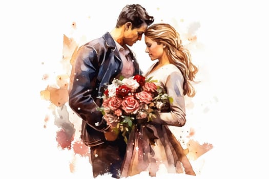 Celebrate the union of love with a watercolor illustration capturing the essence of a newlywed couple, radiating joy and romance on their wedding day.