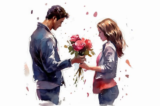 Experience the tenderness of a romantic date as a watercolor illustration beautifully depicts a guy presenting a bouquet of flowers to a delighted girl.