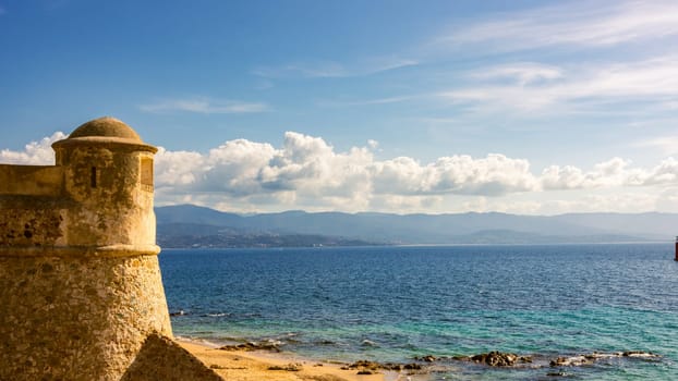 La Citadelle in Ajaccio, Old stone fortress and sandy beach in Corsica, France