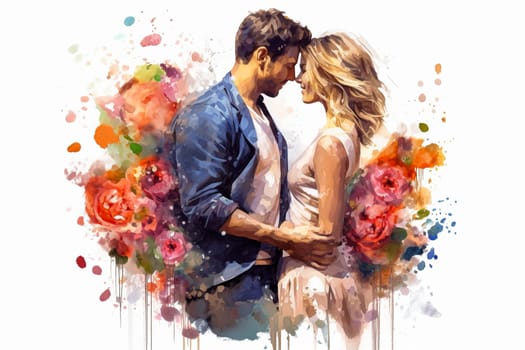 Evoke romance with a watercolor illustration portraying a couple kissing against a backdrop of flowers. The art captures the essence of a romantic and intimate date.