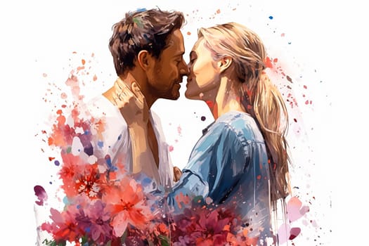 Evoke romance with a watercolor illustration portraying a couple kissing against a backdrop of flowers. The art captures the essence of a romantic and intimate date.