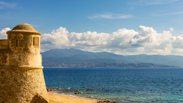 La Citadelle in Ajaccio, Old stone fortress and sandy beach in Corsica, France