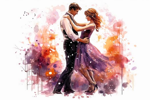 Dance into the colors of romance with a watercolor illustration depicting a couple in love dancing against a vibrant backdrop. A lively and romantic date.