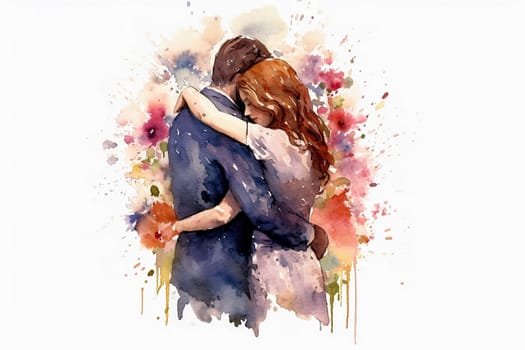 Evoke romance with a watercolor illustration portraying a couple kissing against a backdrop of flowers. The art captures the essence of a romantic and intimate date.