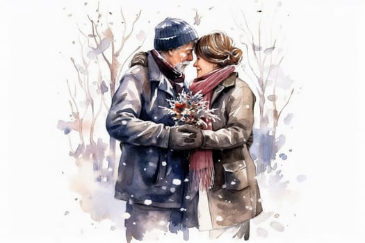 Elevate the romance with a watercolor illustration of a couple in love against a festive New Years background. The art captures the magic of the season.